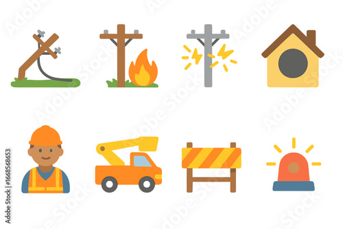 Power Line Emergencies. Flat vector mini-illustrations power line emergencies in colors children's illustrations: fallen power