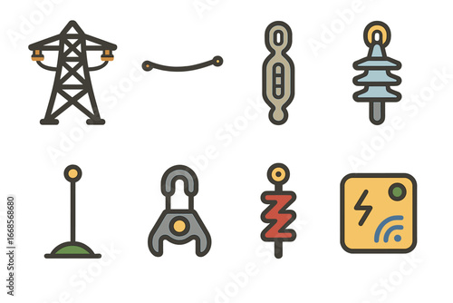 Power Grid Icons. Flat vector mini-illustrations high voltage transmission in colors children's illustrations: pylon, conductor