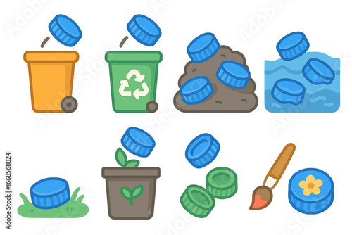 Recycling Adventure Icons. Flat vector mini-illustrations plastic bottle cap disposal in colors children's illustrations: trash