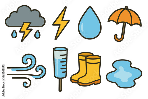 Rainy Day Icons. Flat vector mini-illustrations rainy day weather icons in colors children's illustrations: thunderstorm cloud,