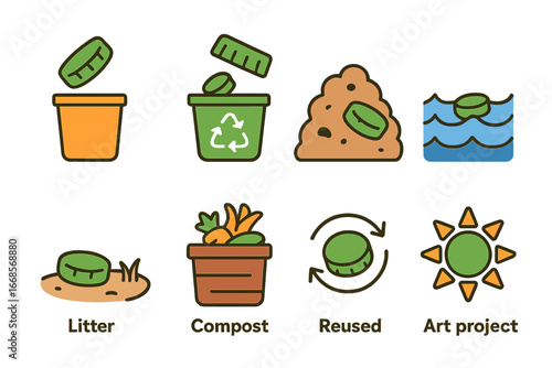 Recycling Adventure Icons. Flat vector mini-illustrations plastic bottle cap disposal in colors children's illustrations: trash