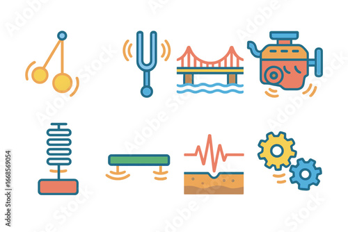 Resonance Icons for Kids. Flat vector mini-illustrations mechanical resonance in colors children's illustrations: swinging