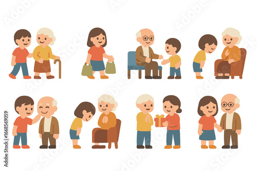 Respecting Elders Icons. Flat vector mini-illustrations Respect for elders in colors children's illustrations: helping walking,