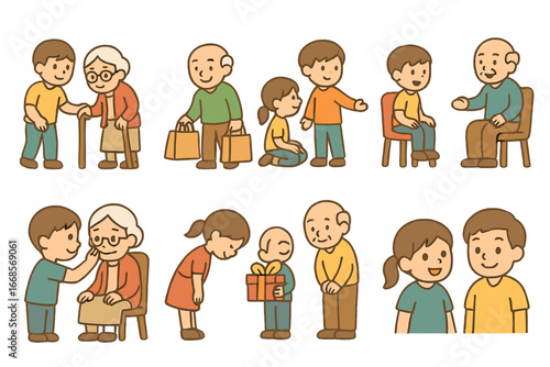 Respecting Elders Icons. Flat vector mini-illustrations Respect for elders in colors children's illustrations: helping walking,