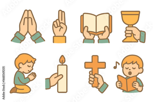 Sacred Icon Illustrations. Flat vector mini-illustrations sacred gestures in colors children's illustrations: praying hands,
