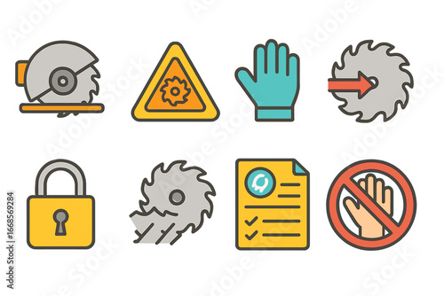 Saw Safety Icons. Flat vector mini-illustrations saw blades safety in colors children's illustrations: blade guard, warning sign,
