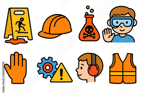 Safety Icons Grid. Flat vector mini-illustrations workplace warnings in colors children's illustrations: caution wet floor, helmet