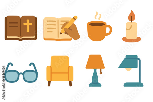 Sermon Prep Icons. Flat vector mini-illustrations sermon preparation in colors children's illustrations: bible study, writing