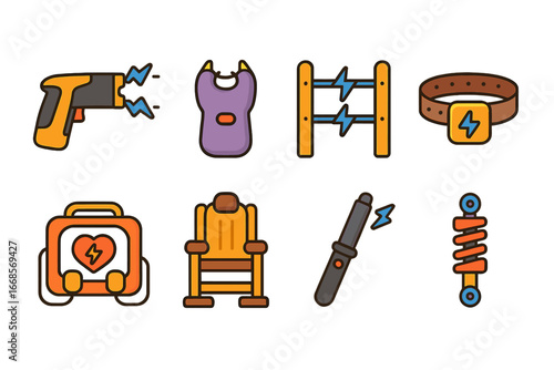 Shock Devices Icons. Flat vector mini-illustrations shock devices in colors children's illustrations: taser, stun gun, electric