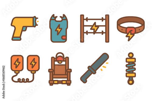 Shock Devices Icons. Flat vector mini-illustrations shock devices in colors children's illustrations: taser, stun gun, electric