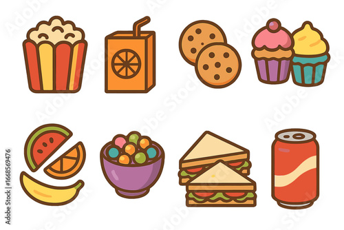 Sleepover Snack Icons. Flat vector mini-illustrations sleepover snacks in colors children's illustrations: popcorn, juice boxes,