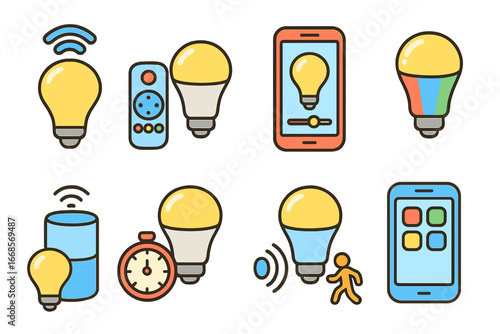 Smart Bulb Icons. Flat vector mini-illustrations smart bulbs and controls in colors children's illustrations: Wi-Fi bulb, remote