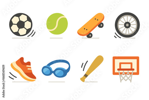 Sports Equipment Icons. Flat vector mini-illustrations motion and sports equipment in colors children's illustrations: soccer ball