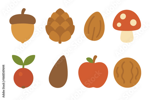 Squirrel's Delight Icons. Flat vector mini-illustrations squirrel food in colors children's illustrations: acorn, pine cone, nut,