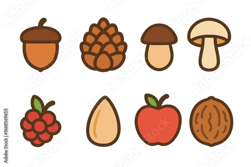 Squirrel's Delight Icons. Flat vector mini-illustrations squirrel food in colors children's illustrations: acorn, pine cone, nut,