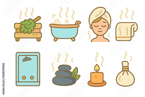 Steamy Relaxation Icons. Flat vector mini-illustrations steam and relaxation in colors children's illustrations: sauna steam, hot
