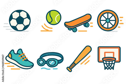 Sports Equipment Icons. Flat vector mini-illustrations motion and sports equipment in colors children's illustrations: soccer ball