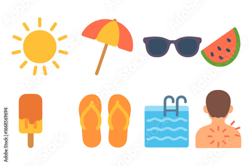 Summer Fun Icons. Flat vector mini-illustrations heat and summer in colors children's illustrations: sun with rays, beach umbrella