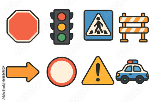 Traffic Icons for Kids. Flat vector mini-illustrations traffic status in colors children's illustrations: stop sign, traffic light