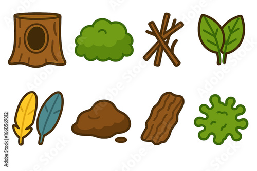 Toucan Nest Materials. Flat vector mini-illustrations toucan nesting materials in colors children's illustrations: tree hollow,