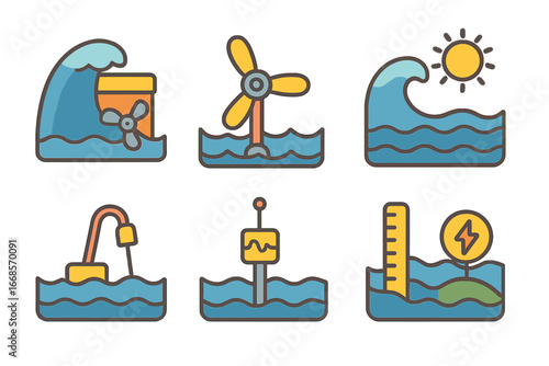 Wave Energy Icons. Flat vector mini-illustrations wave energy in colors children's illustrations: wave power generator, tidal