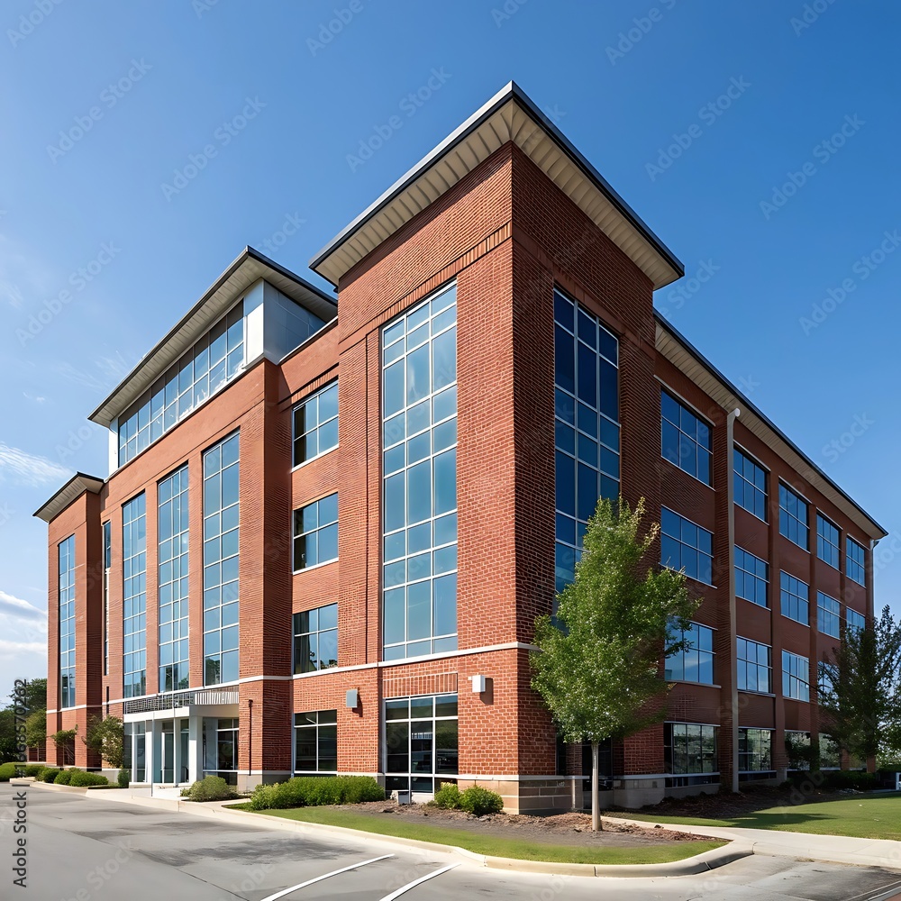 Fototapeta premium Modern brick office building with large glass windows under a clear blue sky