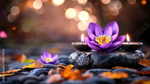 Serene Water Lily with Floating Candles on a Stone Amidst Gentle Bokeh Light in a Calm Nature Setting