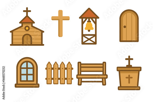 Wooden Church Icons. Flat vector mini-illustrations Wooden church in colors children's illustrations: wooden church building,