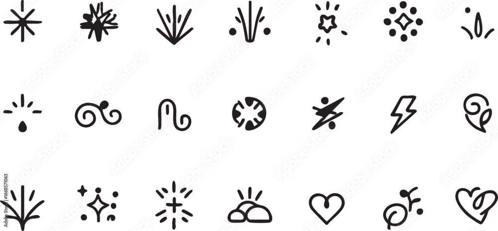 Naklejka premium Hand drawn doodle vector set: stars, hearts, lightning, and decorative elements eps silhouette