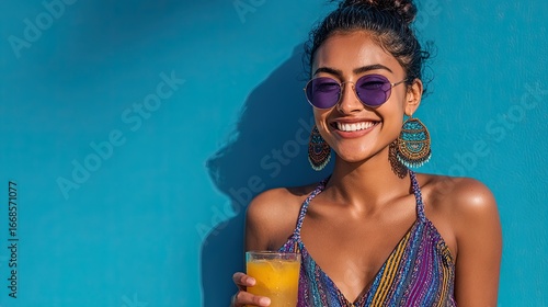 Cute indian girl holding cocktail in beachwear isolated on bright blue background.