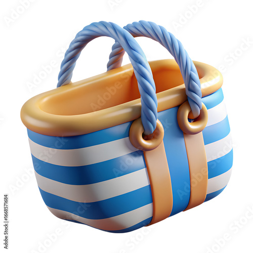 A 3D rendered striped beach bag with blue and white stripes and tan accents.