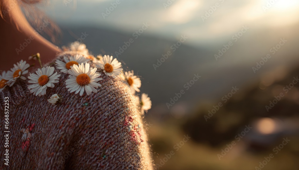 Obraz premium Delicate daisy-adorned sweater shoulder at sunset. Soft, muted tones of a tan and beige knit sweater are adorned with clusters of small, white daisies.