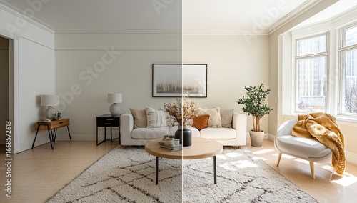 A split-view living room showcasing contrasting color palettes