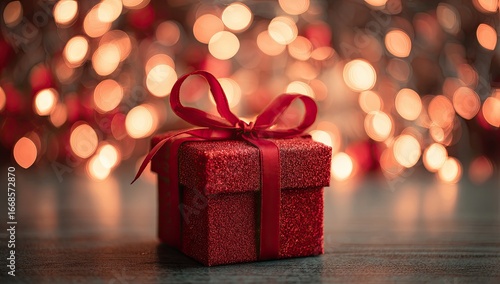 Wallpaper Mural Festive red gift box with ribbon, bokeh lights Torontodigital.ca