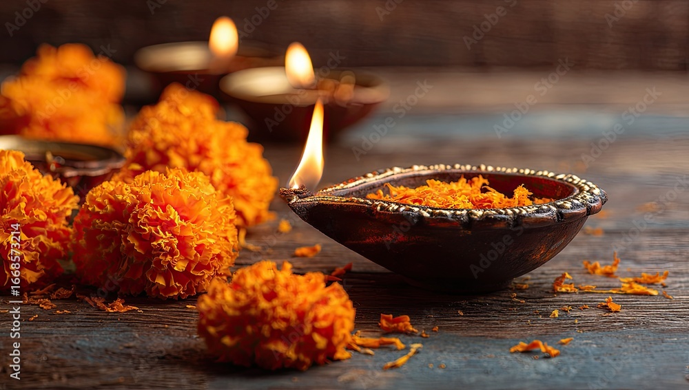 Obraz premium Diwali celebration with warm lights and marigold flowers