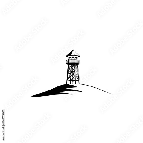Hand-drawn sketch of a lone watchtower standing on a desolate hilltop against a clear sky. This black and white illustration captures a sense of solitude, vigilance, and remote observation, ideal for 