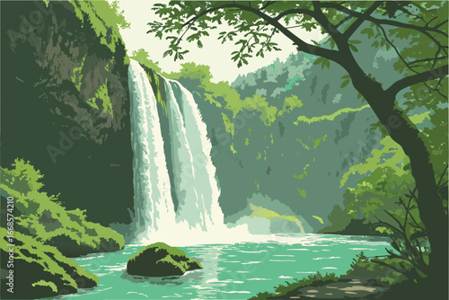 Majestic Waterfall Cascading Into Turquoise Pool Surrounded By Lush Green Forest cascade nature
