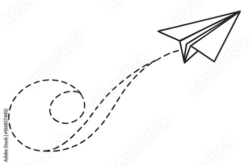Paper Airplane Flying with Dashed Line Trail on White Background origami flight