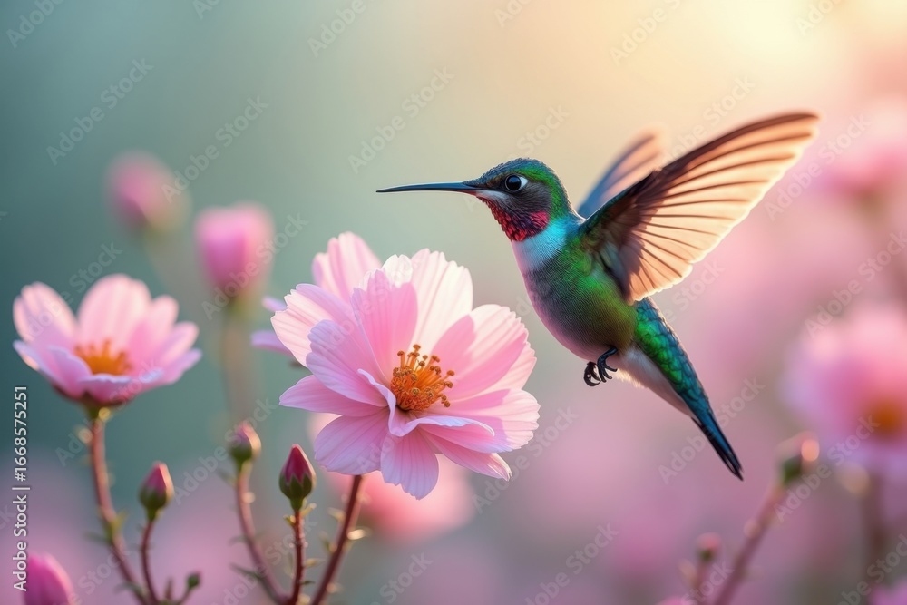 Fototapeta premium A Tiny Hummingbird Dances Amongst Delicate Pink Cosmos Flowers in Golden Sunlight