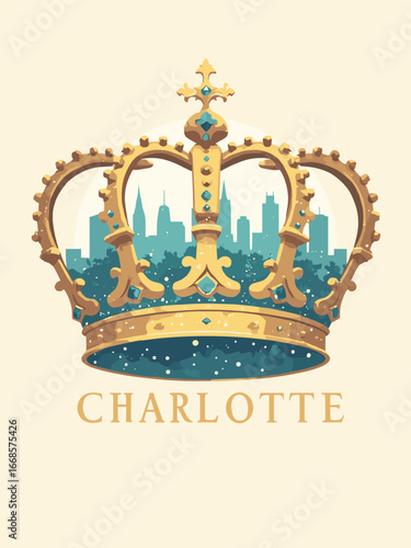 Charlotte, NC – Queen City crown sign: gilded crown motif, glass mosaic, uptown skyline cutout, soft white wash lighting