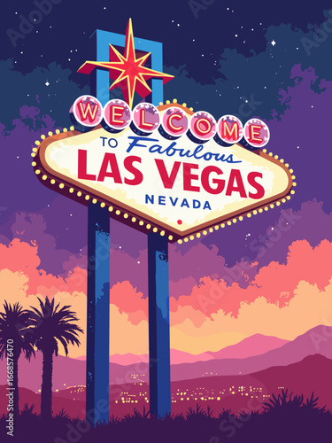 Las Vegas, NV – Retro starburst billboard: giant neon star, mirrored plexiglass, marquee bulbs, desert haze silhouette