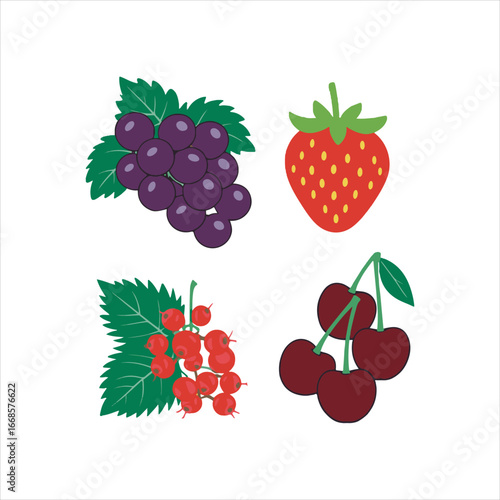 Fresh Red and Purple Fruits Vector Illustration,Colorful Fruit Set with Strawberry Grapes Cherry,Flat Style Berry and Fruit Collection,Assorted Berries and Fruits Vector Design,Cartoon Red Fruits 