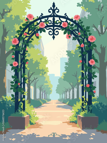 Portland, OR – Rose City arch: iron rose trellis, reclaimed timber, moss planters, soft green LED backlight, craft metalwork