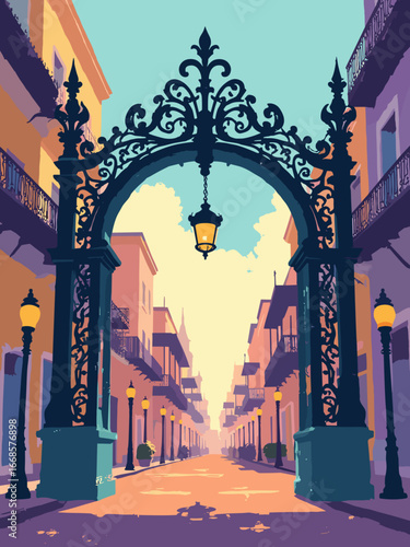 New Orleans, LA – Jazz gateway: wrought iron fleur-de-lis, trumpet horns relief, gaslamp globes, creole color glaze