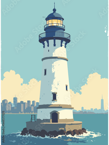 Baltimore, MD – Harbor Beacon: lighthouse column, ship rope band, blue and brass plaques, soft harbor wash lighting