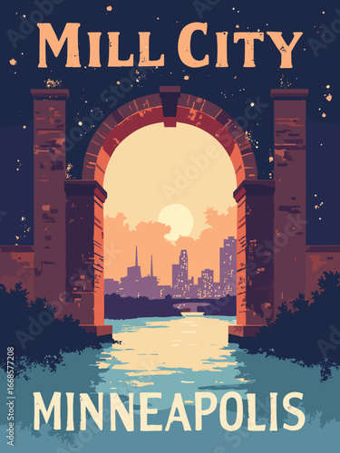 Minneapolis, MN – Mill City arch: reclaimed brick, grain elevator silhouette, river mist LEDs, nordic typeface