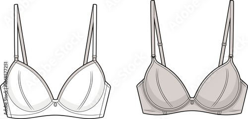 Vector illustration of women’s padded bras with underwire, adjustable straps, contour cups, front view and back view technical drawing.