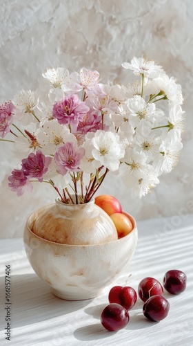 White Ceramic Vase with Pink and White Cherry Blossoms and Cherries on White Table