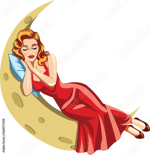 Woman in Red Dress Sleeping on the Moon