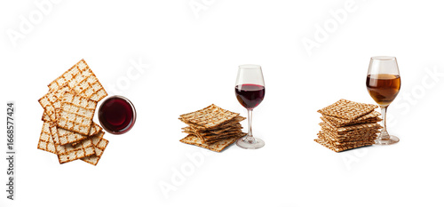 Collection of Matzos and wine top view isolate on transparent background